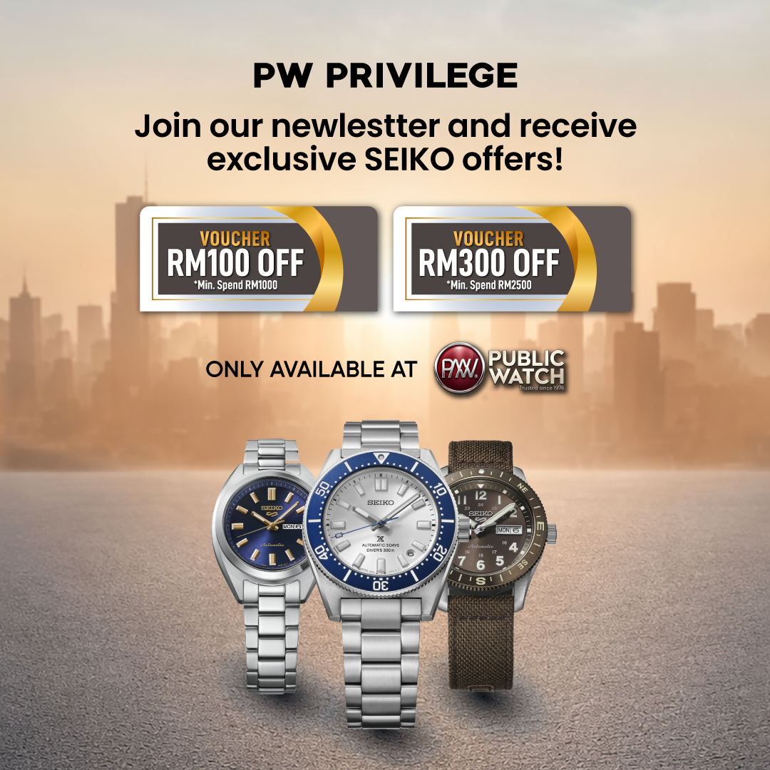 Seiko watch collection banner for PW Privilege members offering an instant discount code upon sign up.