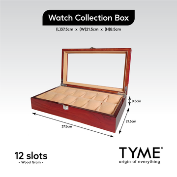 TYME Premium Watch Collection Box 12 Slot Wood Shining Rose Wood