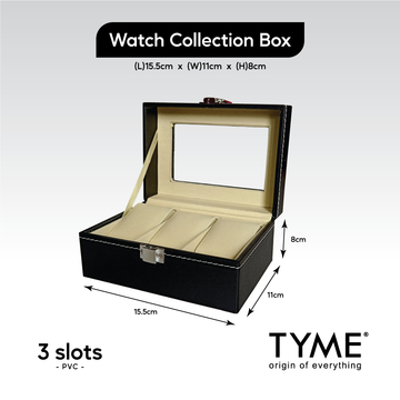 TYME Premium Watch Collection Box 3 Slot PVC Black