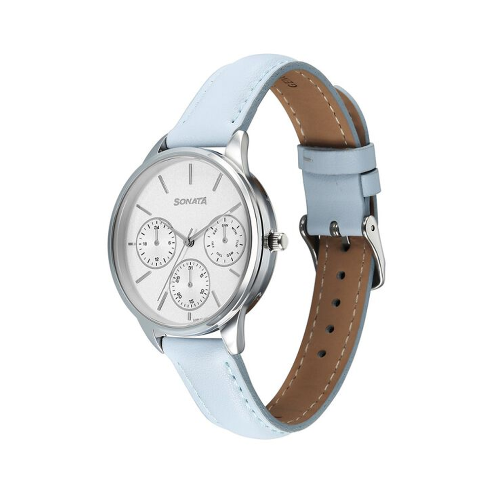 Titan Sonata 87085SL01 Eternia Women's Silver Dial Blue Leather Multifunction Quartz Watch