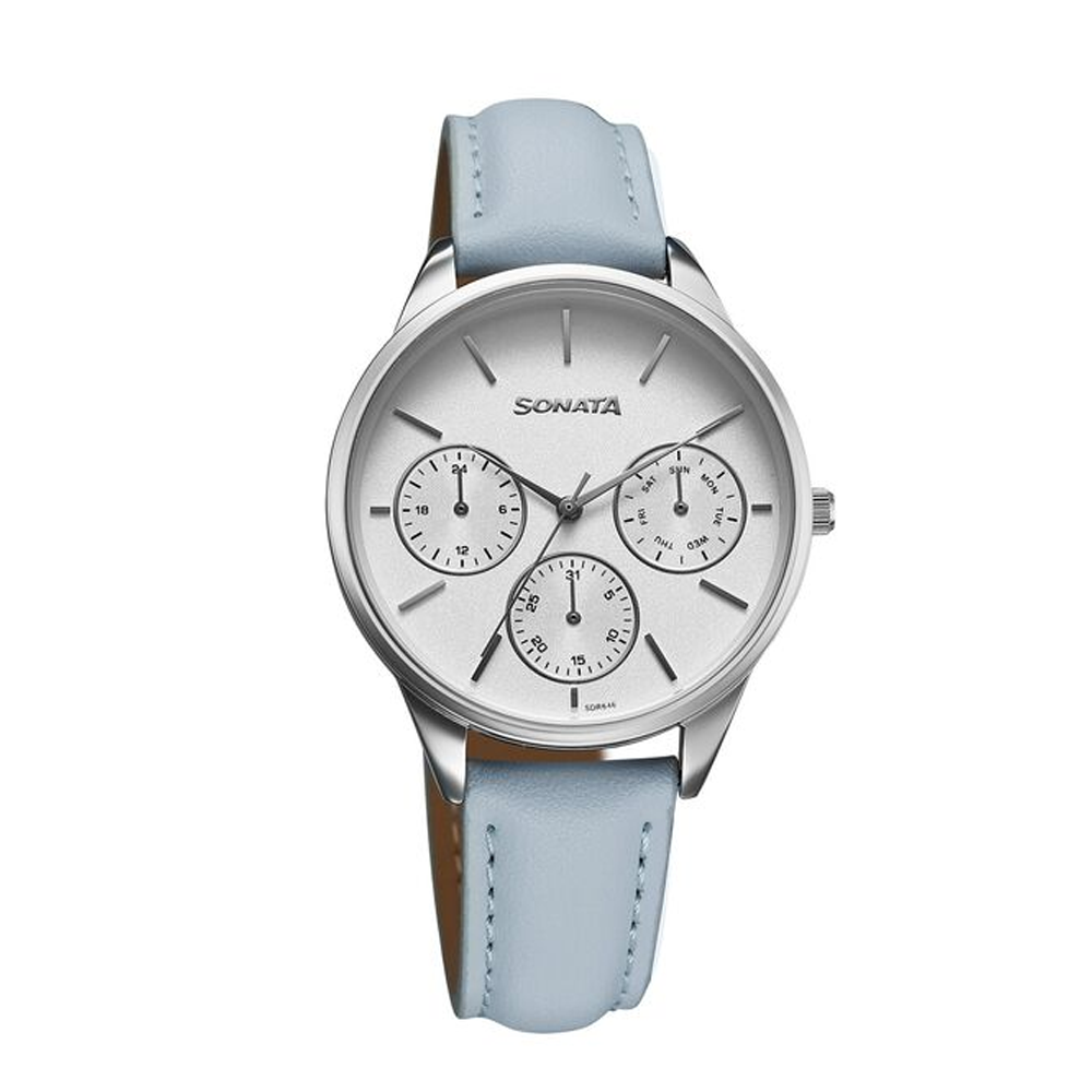 Titan Sonata 87085SL01 Eternia Women's Silver Dial Blue Leather Multifunction Quartz Watch