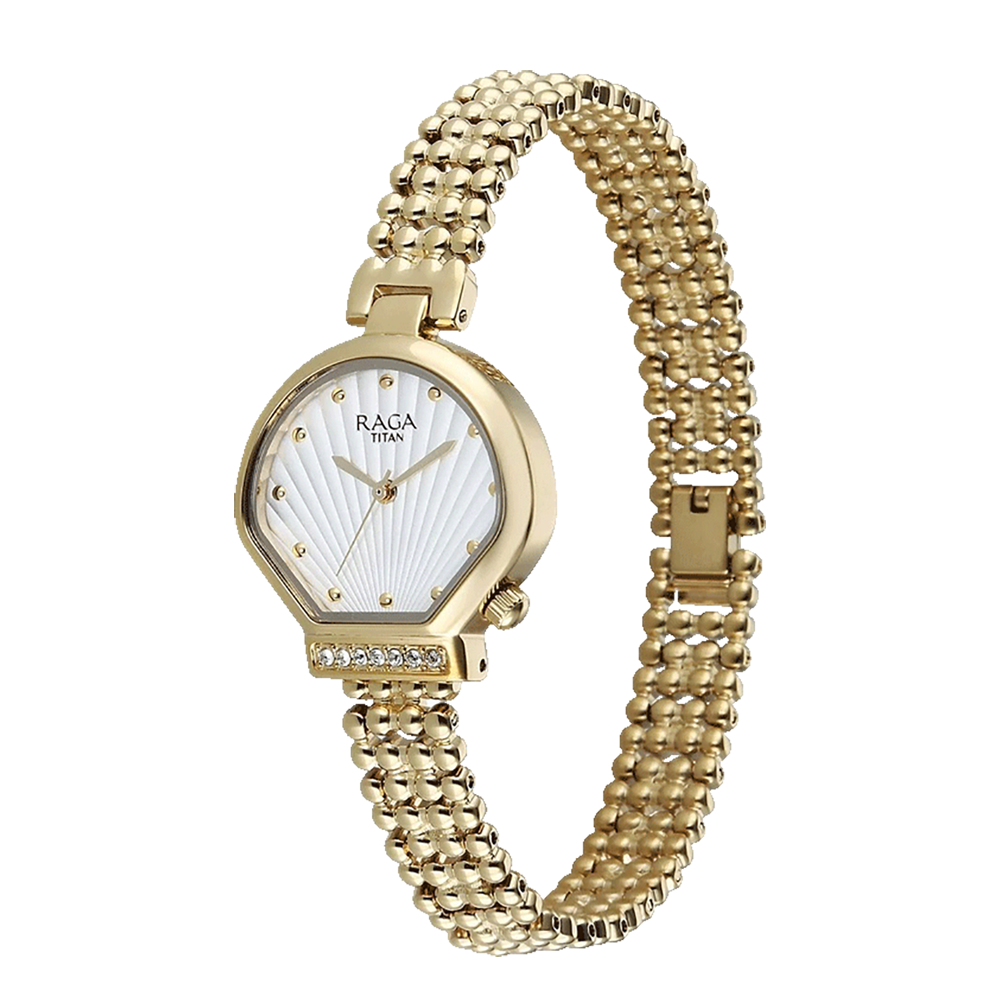 Titan 95432YM01 Raga Spotlight Women's Quartz Watch – White Dial, Metal Band