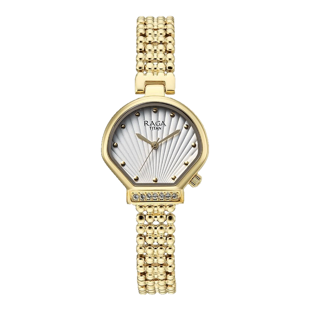 Titan 95432YM01 Raga Spotlight Women's Quartz Watch – White Dial, Metal Band