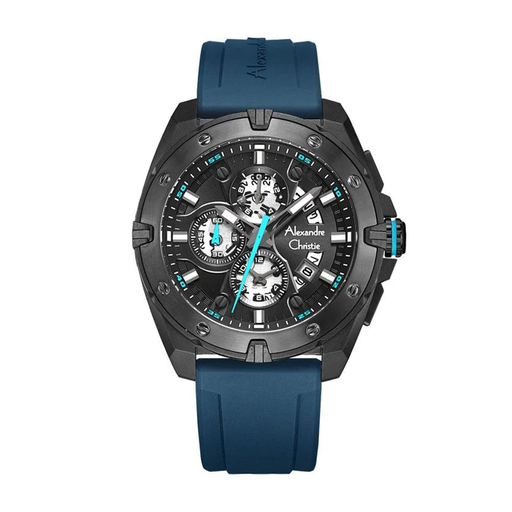 Alexandre Christie AC6693MCREPBABU Men's Blue Dial Rose Gold Case Black Rubber Strap Chronograph Watch