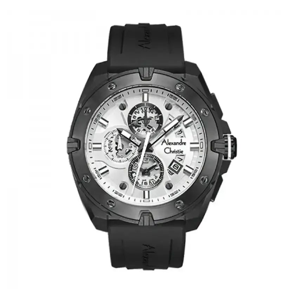 Alexandre Christie AC6693MCREPSL Men's White Dial Matte Black Case Black Rubber Strap Chronograph Watch