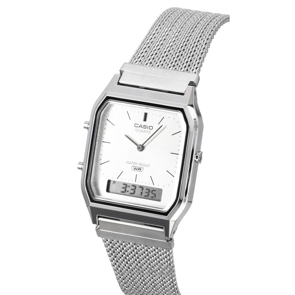 Casio Vintage AQ-230EM-7ADF Analog-Digital Silver Mesh Watch