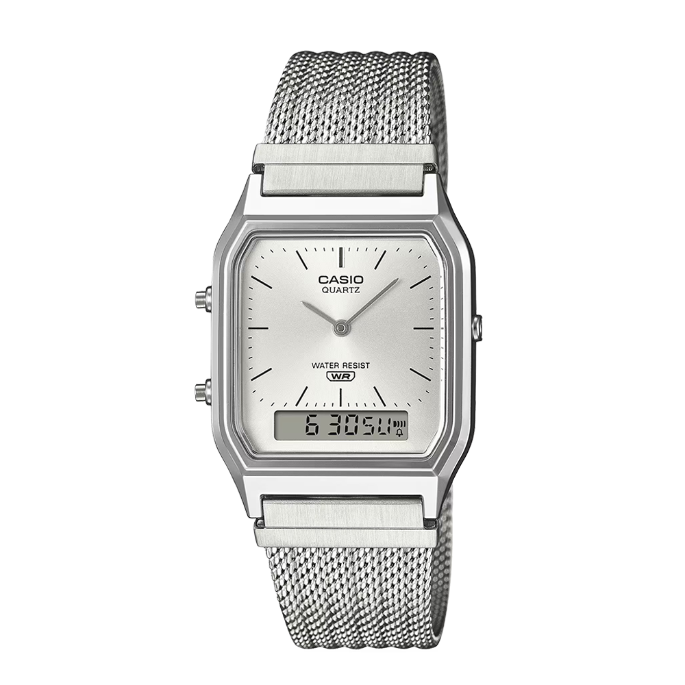 Casio Vintage AQ-230EM-7ADF Analog-Digital Silver Mesh Watch