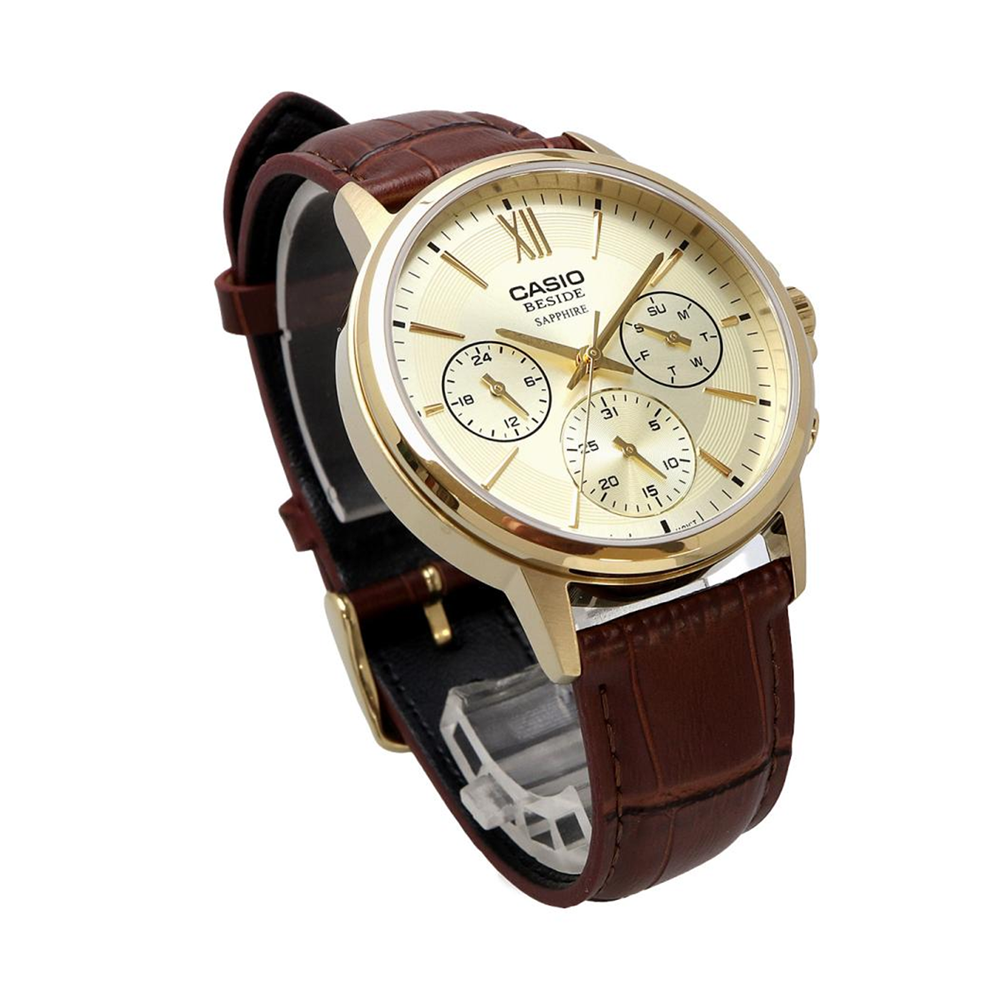 Casio BMS-300GL-5AVDF Gold Leather Multi-Dial Analogue Watch