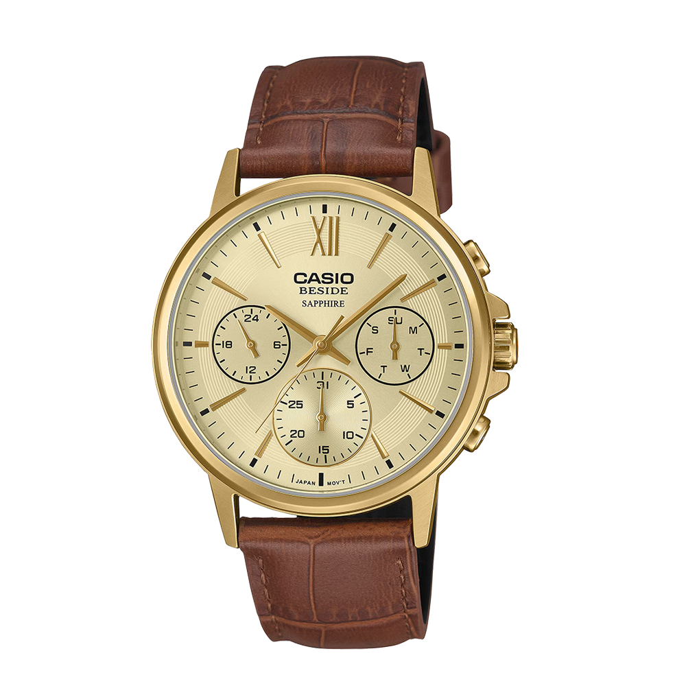 Casio BMS-300GL-5AVDF Gold Leather Multi-Dial Analogue Watch