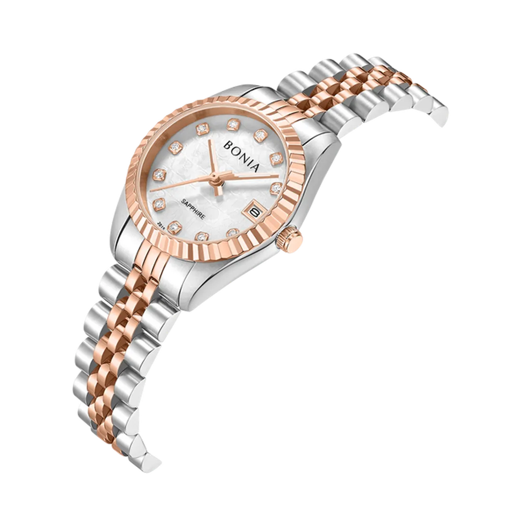 Bonia Noble B10550-7657 Women's White Monogram Mother of Pearl Dial Two-Tone Stainless Steel Watch (26mm)