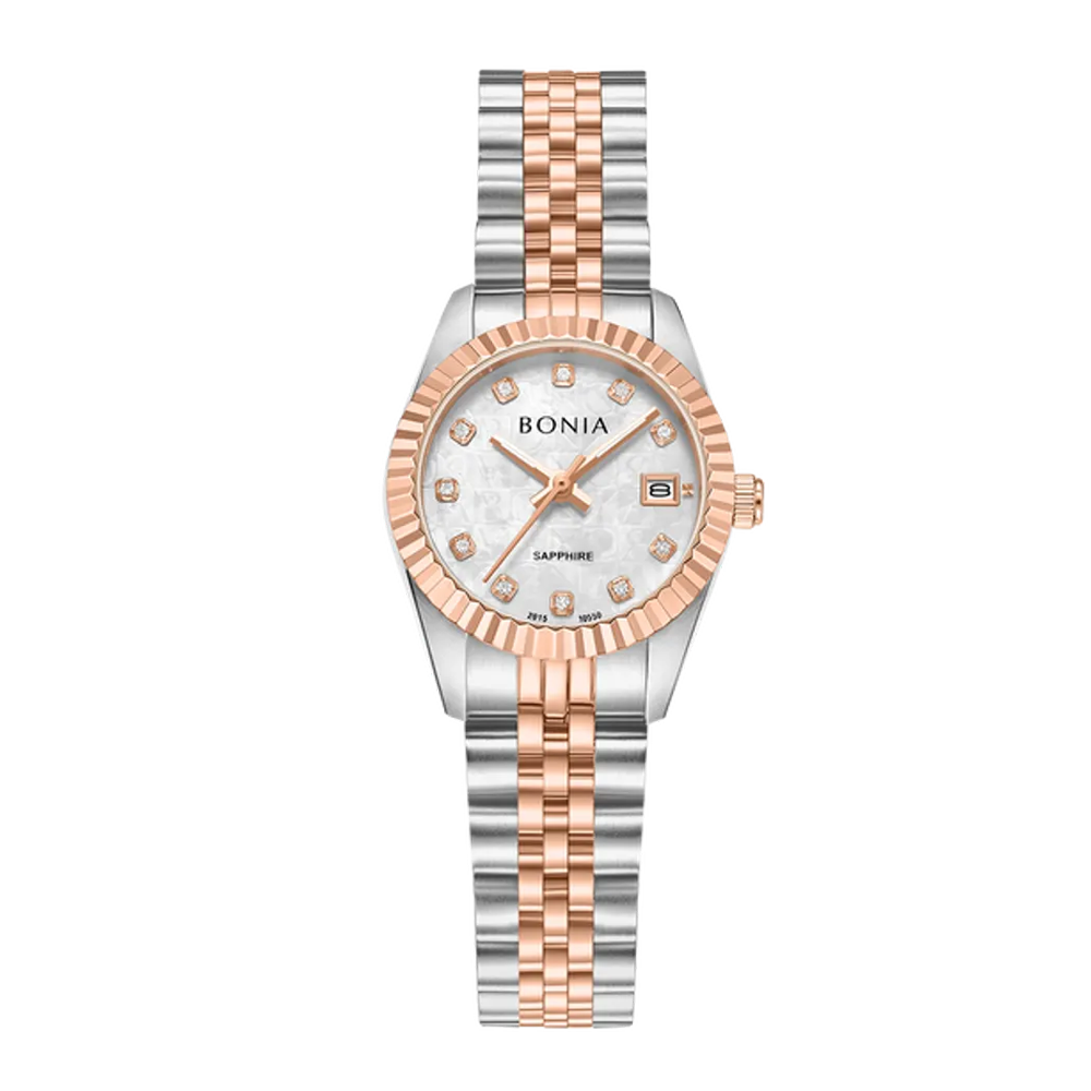 Bonia Noble B10550-7657 Women's White Monogram Mother of Pearl Dial Two-Tone Stainless Steel Watch (26mm)