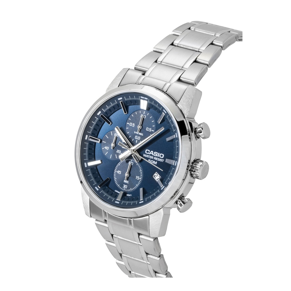 Casio MTP-E510D-2A2VDF Men's Blue-Dial Stainless Steel Chronograph
