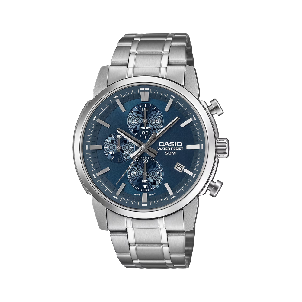 Casio MTP-E510D-2A2VDF Men's Blue-Dial Stainless Steel Chronograph