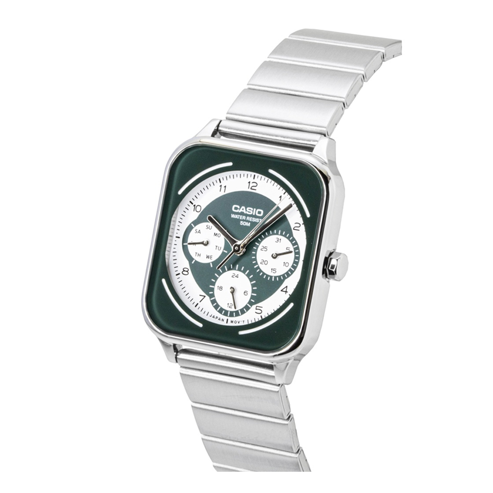 Casio MTP-M307D-3BVDF Men's Green-Dial Stainless Steel Multi-Dial Analog Watch