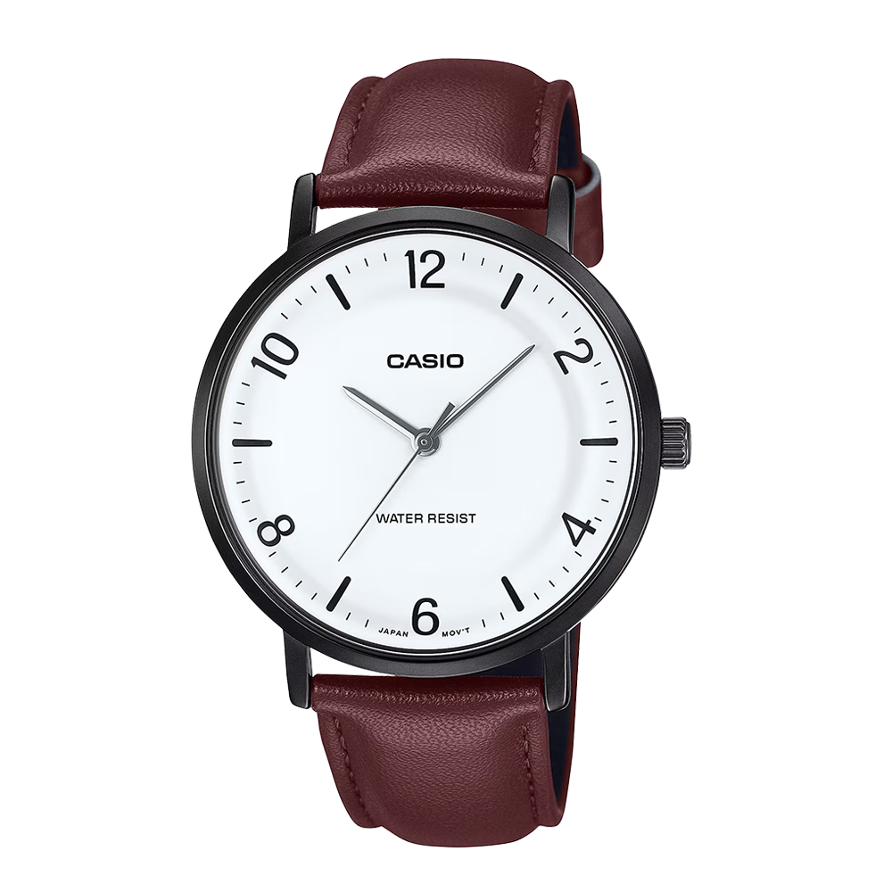 Casio MTP-VT03BL-7BDF Men's White-Dial Brown Leather Analog Watch