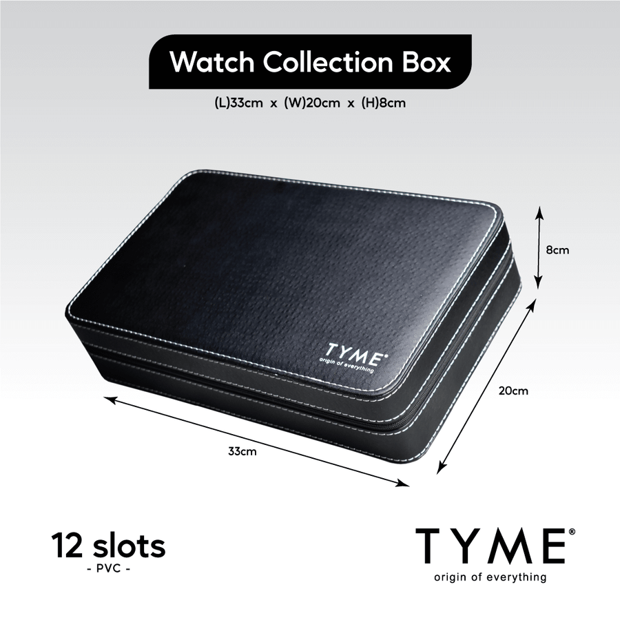 TYME Premium Watch Collection Box 12 Slot PVC Black