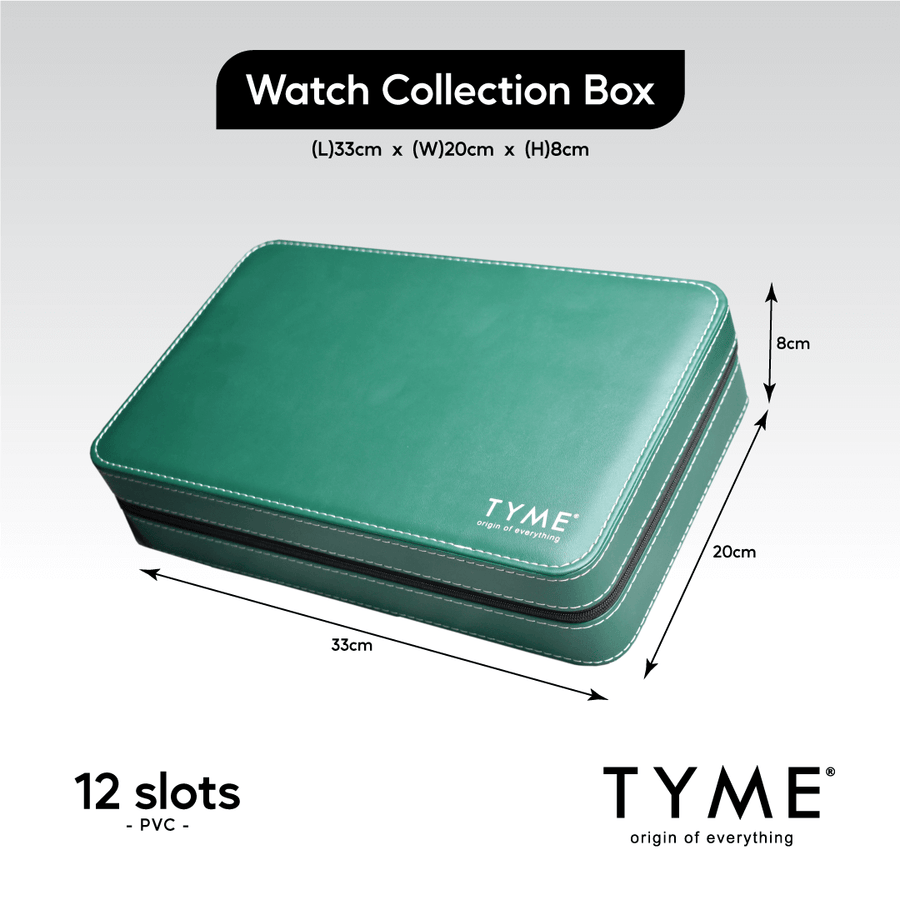 TYME Premium Watch Collection Box 12 Slot PVC Green